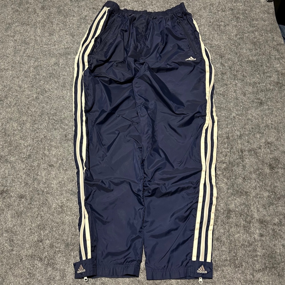 Adidas Navy Blue White Stripe Track Pants XL Zip Ankle Mesh Lined Mens